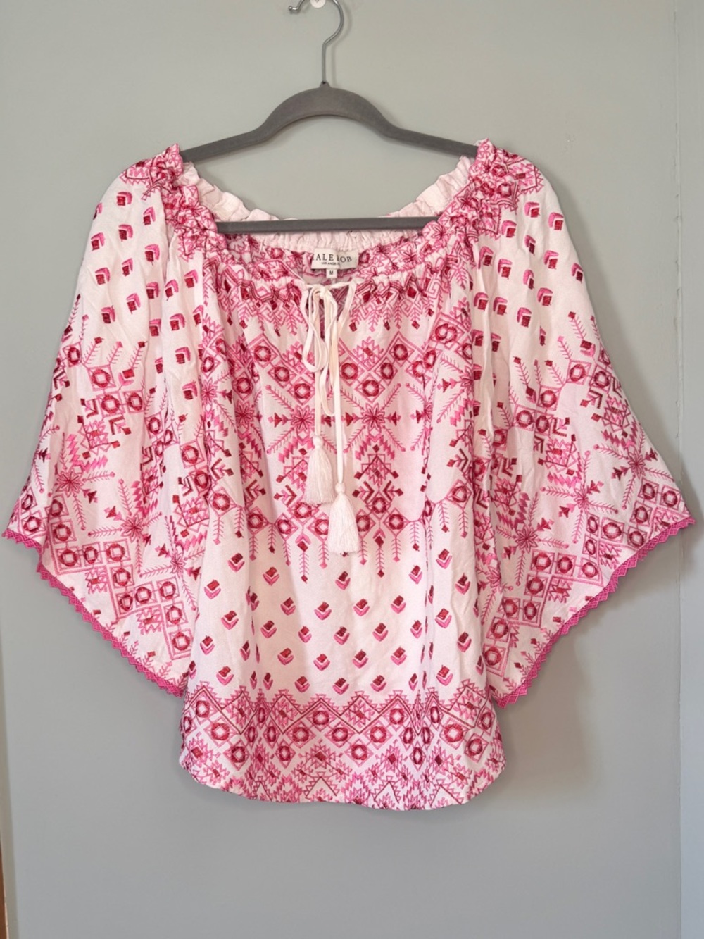 Hale Bob Embroidered Boho Blouse Top White Pink Tassel Tie Kimono Sleeve Medium